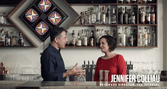 Jennifer Colliau has a conversation behind the bar